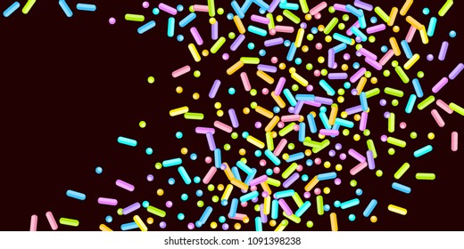 Sprinkles grainy. Sweet confetti on chocolate glaze background. Cupcake, donuts, dessert, sugar, bakery background. Vector Illustration for holiday designs, party, birthday, wedding invitation.