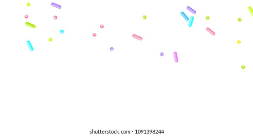 Sprinkles grainy. Sweet confetti on white chocolate glaze background. Cupcake, donuts, dessert, sugar, bakery background. Vector Illustration for holiday designs, party, birthday, wedding invitation.