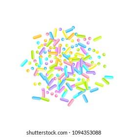 Sprinkles grainy. Sweet confetti on white chocolate glaze background. Cupcake, donuts, dessert, sugar, bakery background. Vector Illustration for holiday designs, party, birthday, wedding invitation.