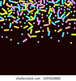 Sprinkles grainy. Sweet confetti on chocolate glaze background. Cupcake, donuts, dessert, sugar, bakery background. Vector Illustration for holiday designs, party, birthday, wedding invitation.