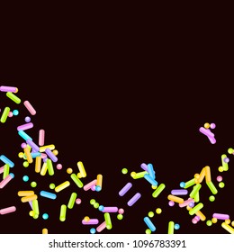 Sprinkles grainy. Sweet confetti on chocolate glaze background. Cupcake, donuts, dessert, sugar, bakery background. Vector Illustration for holiday designs, party, birthday, wedding invitation.