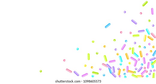 Sprinkles grainy. Sweet confetti on white chocolate glaze background. Cupcake, donuts, dessert, sugar, bakery background. Vector Illustration for holiday designs, party, birthday, wedding invitation.