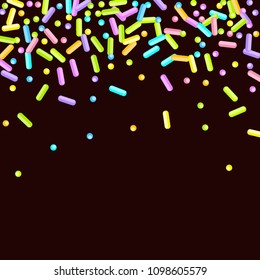 Sprinkles grainy. Sweet confetti on chocolate glaze background. Cupcake, donuts, dessert, sugar, bakery background. Vector Illustration for holiday designs, party, birthday, wedding invitation.