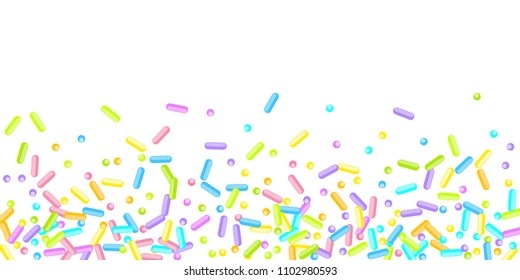 Sprinkles grainy. Sweet confetti on white chocolate glaze background. Cupcake, donuts, dessert, sugar, bakery background. Vector Illustration for holiday designs, party, birthday, wedding invitation.
