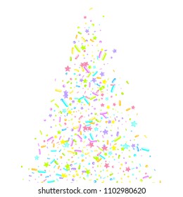 Sprinkles grainy. Sweet confetti on white chocolate glaze background. Cupcake, donuts, dessert, sugar, bakery background. Vector Illustration for holiday designs, party, birthday, wedding invitation.