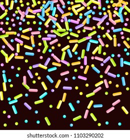 Sprinkles grainy. Sweet confetti on chocolate glaze background. Cupcake, donuts, dessert, sugar, bakery background. Vector Illustration for holiday designs, party, birthday, wedding invitation.