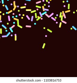 Sprinkles grainy. Sweet confetti on chocolate glaze background. Cupcake, donuts, dessert, sugar, bakery background. Vector Illustration for holiday designs, party, birthday, wedding invitation.