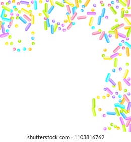 Sprinkles grainy. Sweet confetti on white chocolate glaze background. Cupcake, donuts, dessert, sugar, bakery background. Vector Illustration for holiday designs, party, birthday, wedding invitation.