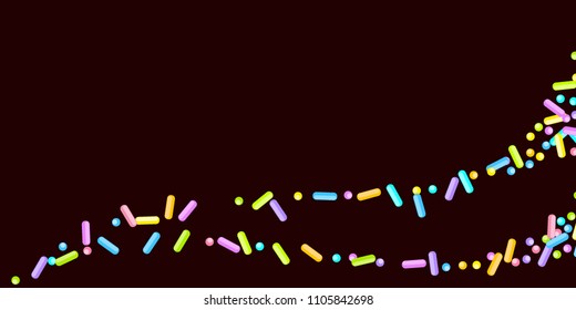 Sprinkles grainy. Sweet confetti on chocolate glaze background. Cupcake, donuts, dessert, sugar, bakery background. Vector Illustration for holiday designs, party, birthday, wedding invitation.