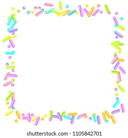 Sprinkles grainy. Sweet confetti on white chocolate glaze background. Cupcake, donuts, dessert, sugar, bakery background. Vector Illustration for holiday designs, party, birthday, wedding invitation.