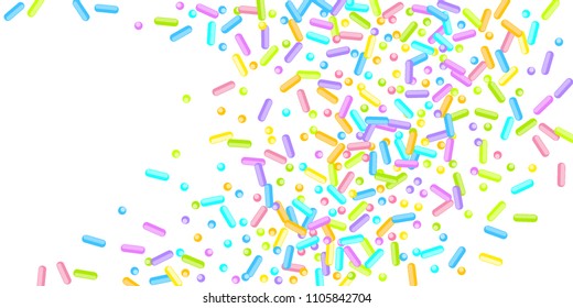 Sprinkles grainy. Sweet confetti on white chocolate glaze background. Cupcake, donuts, dessert, sugar, bakery background. Vector Illustration for holiday designs, party, birthday, wedding invitation.