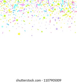Sprinkles grainy. Sweet confetti on white chocolate glaze background. Cupcake, donuts, dessert, sugar, bakery background. Vector Illustration for holiday designs, party, birthday, wedding invitation.