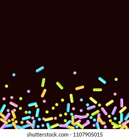 Sprinkles grainy. Sweet confetti on chocolate glaze background. Cupcake, donuts, dessert, sugar, bakery background. Vector Illustration for holiday designs, party, birthday, wedding invitation.