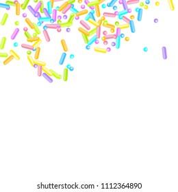 Sprinkles grainy. Sweet confetti on white chocolate glaze background. Cupcake, donuts, dessert, sugar, bakery background. Vector Illustration for holiday designs, party, birthday, wedding invitation.