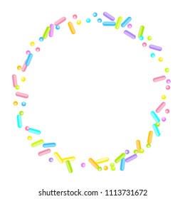 Sprinkles grainy. Sweet confetti on white chocolate glaze background. Cupcake, donuts, dessert, sugar, bakery background. Vector Illustration for holiday designs, party, birthday, wedding invitation.