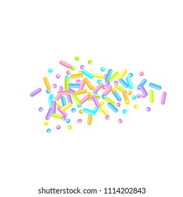 Sprinkles grainy. Sweet confetti on white chocolate glaze background. Cupcake, donuts, dessert, sugar, bakery background. Vector Illustration for holiday designs, party, birthday, wedding invitation.