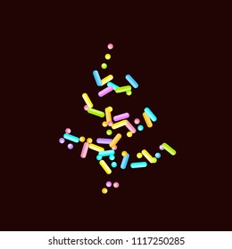 Sprinkles grainy. Sweet confetti on chocolate glaze background. Cupcake, donuts, dessert, sugar, bakery background. Vector Illustration for holiday designs, party, birthday, wedding invitation.