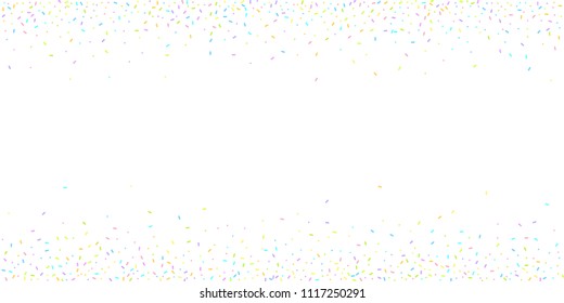 Sprinkles grainy. Sweet confetti on white chocolate glaze background. Cupcake, donuts, dessert, sugar, bakery background. Vector Illustration for holiday designs, party, birthday, wedding invitation.