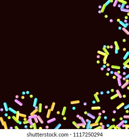 Sprinkles grainy. Sweet confetti on chocolate glaze background. Cupcake, donuts, dessert, sugar, bakery background. Vector Illustration for holiday designs, party, birthday, wedding invitation.