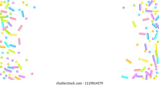 Sprinkles grainy. Sweet confetti on white chocolate glaze background. Cupcake, donuts, dessert, sugar, bakery background. Vector Illustration for holiday designs, party, birthday, wedding invitation.