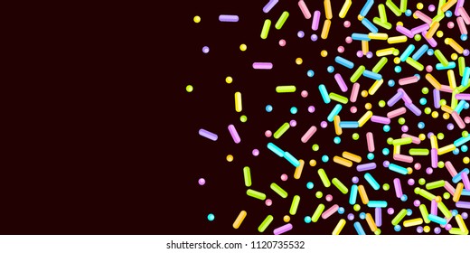 Sprinkles grainy. Sweet confetti on chocolate glaze background. Cupcake, donuts, dessert, sugar, bakery background. Vector Illustration for holiday designs, party, birthday, wedding invitation.