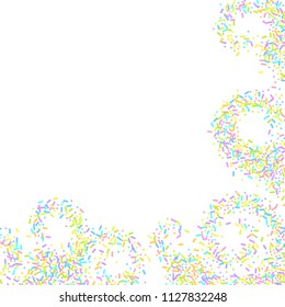 Sprinkles grainy. Sweet confetti on white chocolate glaze background. Cupcake, donuts, dessert, sugar, bakery background. Vector Illustration for holiday designs, party, birthday, wedding invitation.