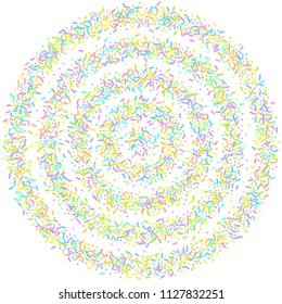 Sprinkles grainy. Sweet confetti on white chocolate glaze background. Cupcake, donuts, dessert, sugar, bakery background. Vector Illustration for holiday designs, party, birthday, wedding invitation.