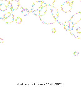 Sprinkles grainy. Sweet confetti on white chocolate glaze background. Cupcake, donuts, dessert, sugar, bakery background. Vector Illustration for holiday designs, party, birthday, wedding invitation.