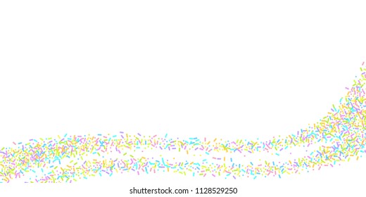 Sprinkles grainy. Sweet confetti on white chocolate glaze background. Cupcake, donuts, dessert, sugar, bakery background. Vector Illustration for holiday designs, party, birthday, wedding invitation.
