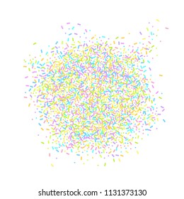 Sprinkles grainy. Sweet confetti on white chocolate glaze background. Cupcake, donuts, dessert, sugar, bakery background. Vector Illustration for holiday designs, party, birthday, wedding invitation.
