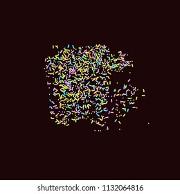 Sprinkles grainy. Sweet confetti on chocolate glaze background. Cupcake, donuts, dessert, sugar, bakery background. Vector Illustration for holiday designs, party, birthday, wedding invitation.