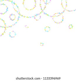 Sprinkles grainy. Sweet confetti on white chocolate glaze background. Cupcake, donuts, dessert, sugar, bakery background. Vector Illustration for holiday designs, party, birthday, wedding invitation.