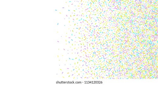 Sprinkles grainy. Sweet confetti on white chocolate glaze background. Cupcake, donuts, dessert, sugar, bakery background. Vector Illustration for holiday designs, party, birthday, wedding invitation.