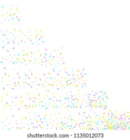 Sprinkles grainy. Sweet confetti on white chocolate glaze background. Cupcake, donuts, dessert, sugar, bakery background. Vector Illustration for holiday designs, party, birthday, wedding invitation.