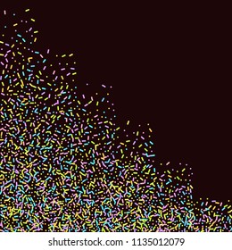 Sprinkles grainy. Sweet confetti on chocolate glaze background. Cupcake, donuts, dessert, sugar, bakery background. Vector Illustration for holiday designs, party, birthday, wedding invitation.