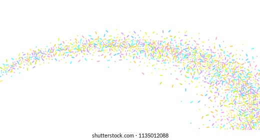 Sprinkles grainy. Sweet confetti on white chocolate glaze background. Cupcake, donuts, dessert, sugar, bakery background. Vector Illustration for holiday designs, party, birthday, wedding invitation.