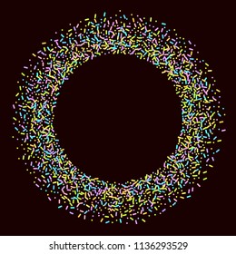 Sprinkles grainy. Sweet confetti on chocolate glaze background. Cupcake, donuts, dessert, sugar, bakery background. Vector Illustration for holiday designs, party, birthday, wedding invitation.