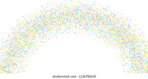 Sprinkles grainy. Sweet confetti on white chocolate glaze background. Cupcake, donuts, dessert, sugar, bakery background. Vector Illustration for holiday designs, party, birthday, wedding invitation.