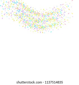 Sprinkles grainy. Sweet confetti on white chocolate glaze background. Cupcake, donuts, dessert, sugar, bakery background. Vector Illustration for holiday designs, party, birthday, wedding invitation.