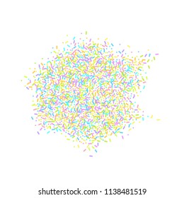 Sprinkles grainy. Sweet confetti on white chocolate glaze background. Cupcake, donuts, dessert, sugar, bakery background. Vector Illustration for holiday designs, party, birthday, wedding invitation.