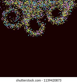 Sprinkles grainy. Sweet confetti on chocolate glaze background. Cupcake, donuts, dessert, sugar, bakery background. Vector Illustration for holiday designs, party, birthday, wedding invitation.