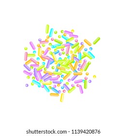 Sprinkles grainy. Sweet confetti on white chocolate glaze background. Cupcake, donuts, dessert, sugar, bakery background. Vector Illustration for holiday designs, party, birthday, wedding invitation.