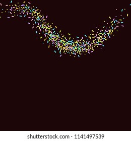 Sprinkles grainy. Sweet confetti on chocolate glaze background. Cupcake, donuts, dessert, sugar, bakery background. Vector Illustration for holiday designs, party, birthday, wedding invitation.
