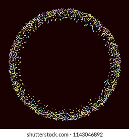 Sprinkles grainy. Sweet confetti on chocolate glaze background. Cupcake, donuts, dessert, sugar, bakery background. Vector Illustration for holiday designs, party, birthday, wedding invitation.