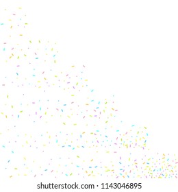 Sprinkles grainy. Sweet confetti on white chocolate glaze background. Cupcake, donuts, dessert, sugar, bakery background. Vector Illustration for holiday designs, party, birthday, wedding invitation.