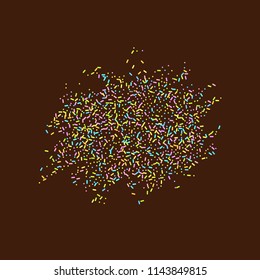 Sprinkles grainy. Sweet confetti on chocolate glaze background. Cupcake, donuts, dessert, sugar, bakery background. Vector Illustration for holiday designs, party, birthday, wedding invitation.