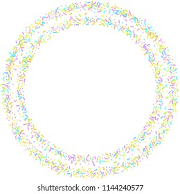 Sprinkles grainy. Sweet confetti on white chocolate glaze background. Cupcake, donuts, dessert, sugar, bakery background. Vector Illustration for holiday designs, party, birthday, wedding invitation.