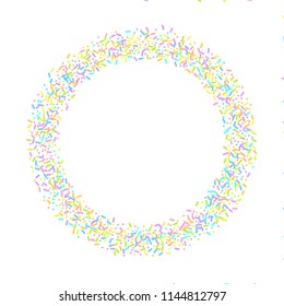 Sprinkles grainy. Sweet confetti on white chocolate glaze background. Cupcake, donuts, dessert, sugar, bakery background. Vector Illustration for holiday designs, party, birthday, wedding invitation.