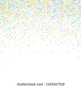 Sprinkles grainy. Sweet confetti on white chocolate glaze background. Cupcake, donuts, dessert, sugar, bakery background. Vector Illustration for holiday designs, party, birthday, wedding invitation.