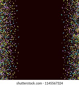 Sprinkles grainy. Sweet confetti on chocolate glaze background. Cupcake, donuts, dessert, sugar, bakery background. Vector Illustration for holiday designs, party, birthday, wedding invitation.